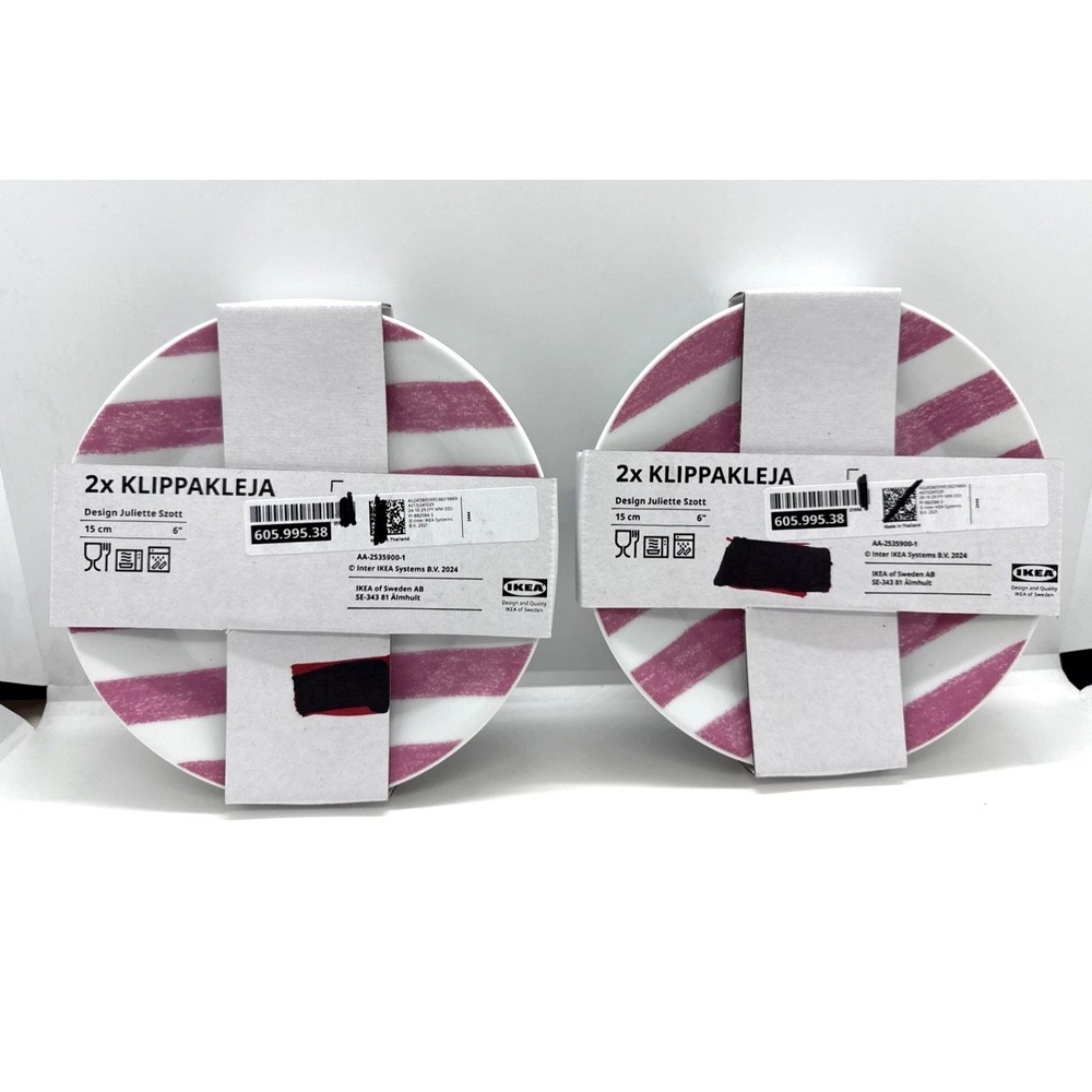 Set of 4 IKEA KLIPPAKLEJA Side Plate 6" Pink White Striped 605.995.38 NEW